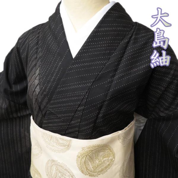 大島紬 着物 中古 正絹 袷 カジュアル 花立涌模様 薄い枯野色 黒色 身丈165cm 裄65.5cm L トール きもの北條 A883-3 中古） 大島紬 黒 カジュアル 唐花模様 袷 絹【身丈】158.5cm【裄丈