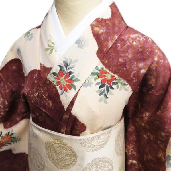 訪問着 着物 中古 正絹 袷 フォーマル 絞り染め 植物文様 花 薄香色  
