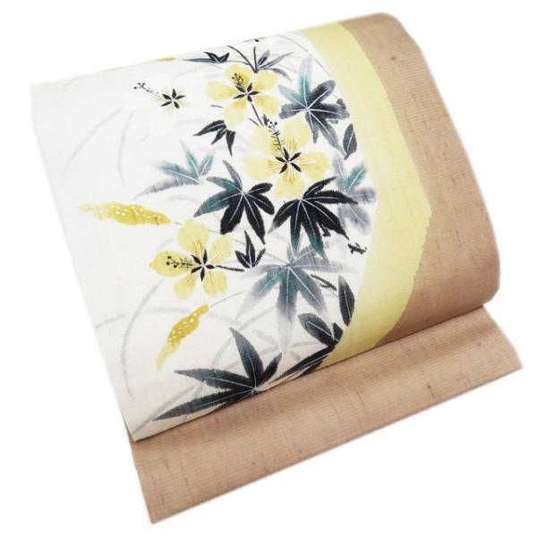 夏物 名古屋帯 なごや帯 中古 リサイクル 正絹 紬地 カジュアル 花の図  