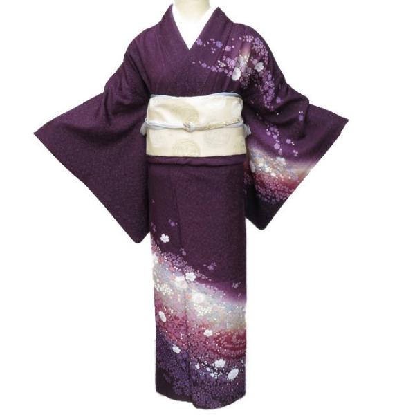 訪問着 着物 中古 正絹 袷 フォーマル 絞り染め 花模様 銀通し 桑の実  