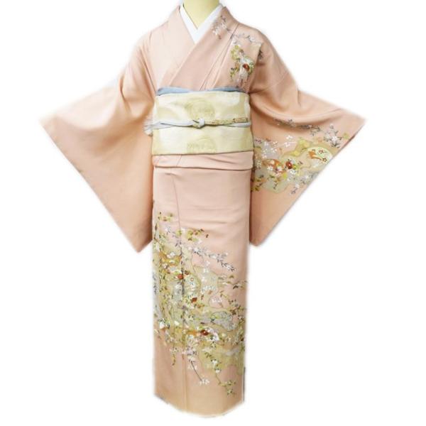 特選 訪問着 着物 中古 正絹 袷 フォーマル 総刺繍 刺繍 花鳥文様 赤墨色 多色 身丈164cm 裄68cm L きもの北條 A984-7 FINAL PRICE ／ 特選 本加工 訪問着 着物 中古 フォーマル 刺繍 花の図