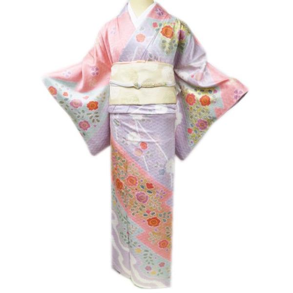 訪問着 着物 中古 正絹 袷 フォーマル 花模様 地模様 七宝文様 多色 金  