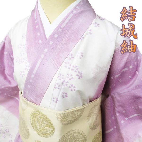 特選 結城紬 着物 未使用 正絹 袷 カジュアル 花模様 桜 雲 白色 淡い 