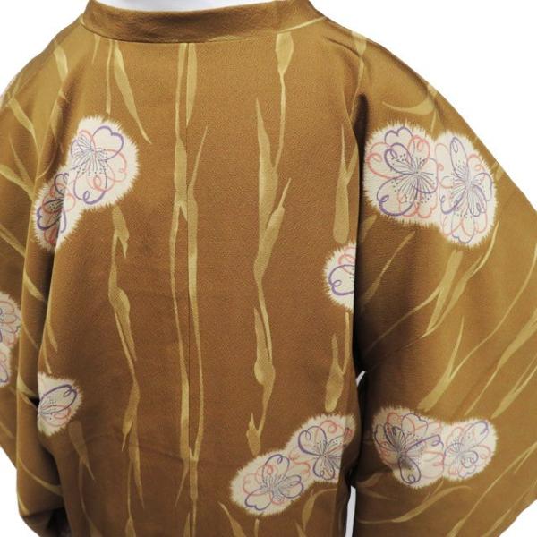 和装コート 道行コート 着物 正絹 中古 花模様 茶系色 多色 身丈112cm  