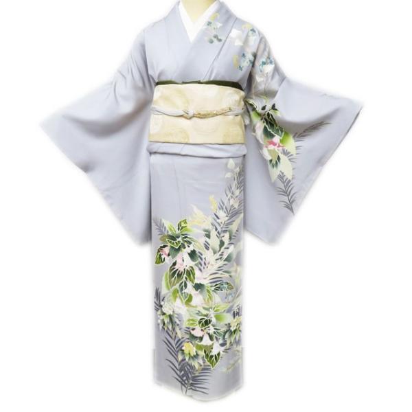 訪問着 着物 中古 正絹 袷 フォーマル 作家物 落款 花の図 白銅色 多色  