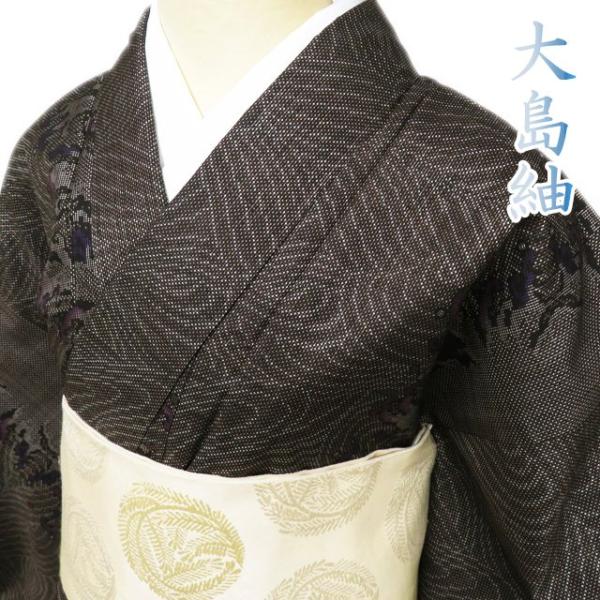 大島紬 着物 中古 正絹 袷 カジュアル 波模様 焦茶色 紫色 身丈163cm 