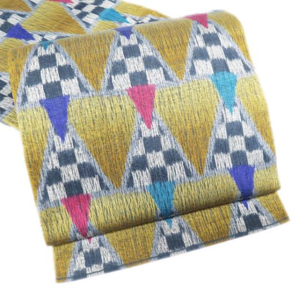 袋帯 中古 リサイクル 正絹 カジュアル 仕立て上がり 鱗文 市松文 全通  