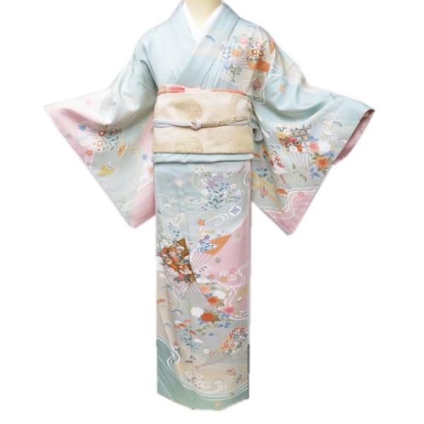 訪問着 流水に花草模様 扇子 暈し 金駒刺繍 榴花紅色 KK-2007 訪問着 流水に花草模様 扇子 暈し 金駒刺繍 榴花紅色 KK-
