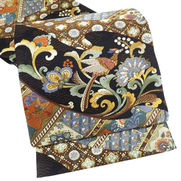 袋帯 中古 リサイクル 正絹 フォーマル 仕立て上がり 六通 花鳥文様 黒色 多色 金 きもの北條 A973-13 袋帯 中古 リサイクル 正絹 フォーマル 仕立て上がり 六通 花鳥文様