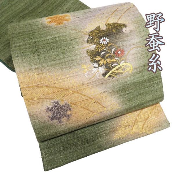 特選 袋帯 中古 正絹 カジュアル 仕立て上がり 三通 野蚕糸 雪輪に植物  