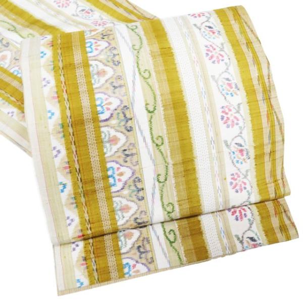 袋帯 中古 リサイクル 正絹 カジュアル 全通 紬地 縦段模様 花模様  