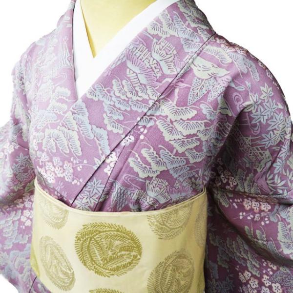 小紋 着物 中古 正絹 単衣 カジュアル 風景 茶屋辻文様 紅藤色 多色 