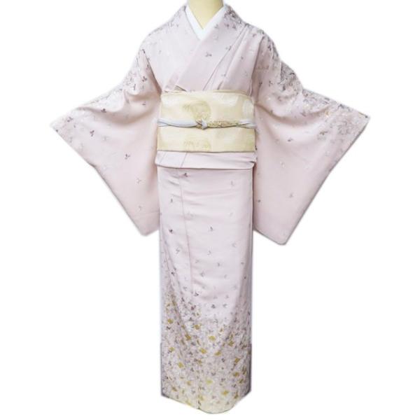 特選 訪問着 着物 中古 正絹 袷 フォーマル 花模様 花菱 手刺繍 灰桜色 