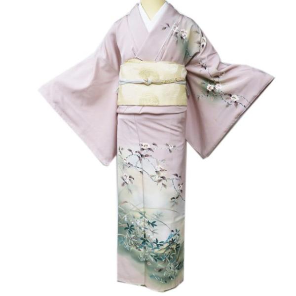 訪問着 着物 中古 正絹 袷 フォーマル 花の図 鴇鼠色 多色 身丈168.5cm 裄67.5cm L トール きもの北條 A996-4 kimono-hojo_a996-4