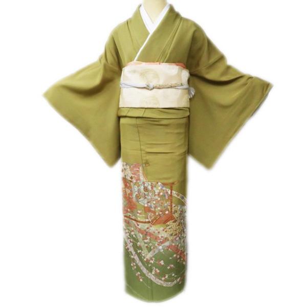 色留袖 着物 中古 正絹 袷 紋付 一つ紋 汕頭刺繍 金駒刺繍 花の図 蔓帯 