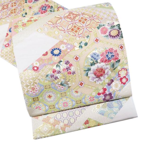 袋帯 中古 リサイクル 正絹 フォーマル 仕立て上がり 六通 名錦聚宝文 花の図 練色 多色 金 きもの北條 A999-13 袋帯 中古 リサイクル 正絹 フォーマル 仕立て上がり 六通 名錦聚宝文