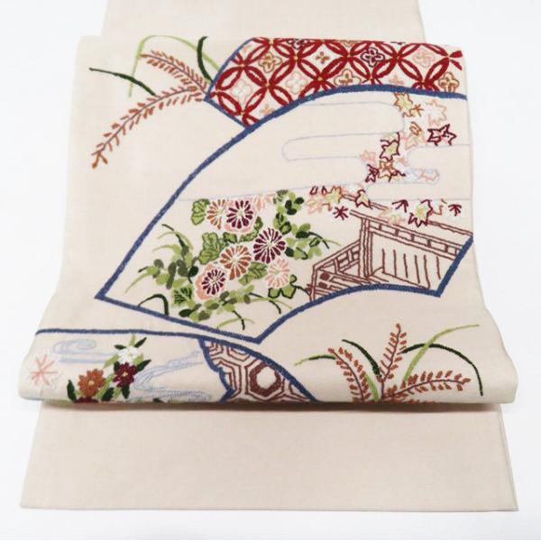 袋帯 中古 リサイクル 相良刺繍 中国三大刺繍 花の図 七宝 扇面 お太鼓