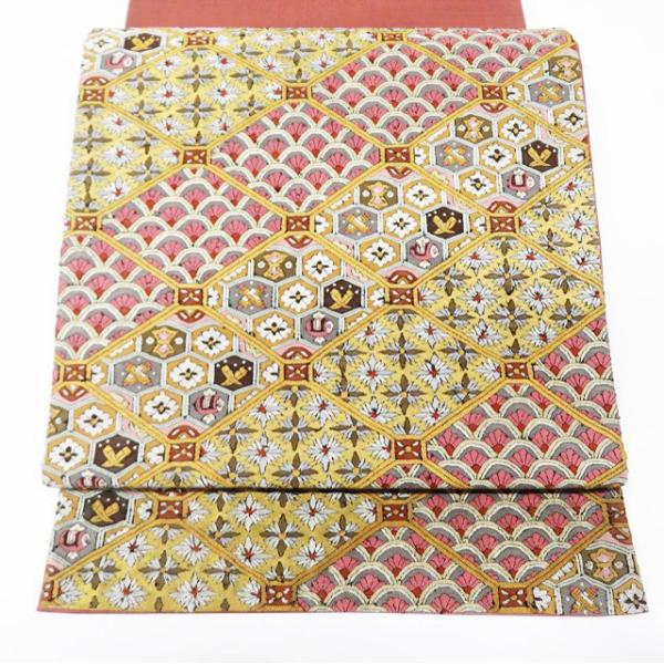 袋帯 中古 リサイクル 明綴れ 花模様 菊青海波 宝物 正絹 セミ  