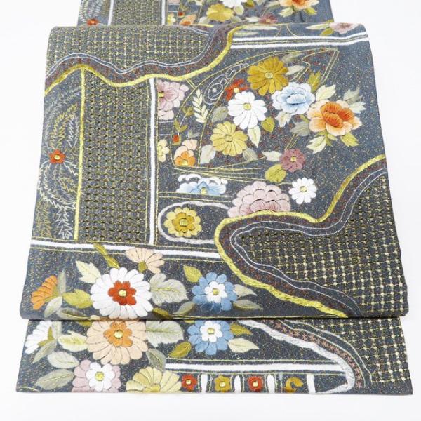 袋帯 中古 リサイクル 汕頭刺繍 スワトウ 中国三大刺繍 花模様 金通し
