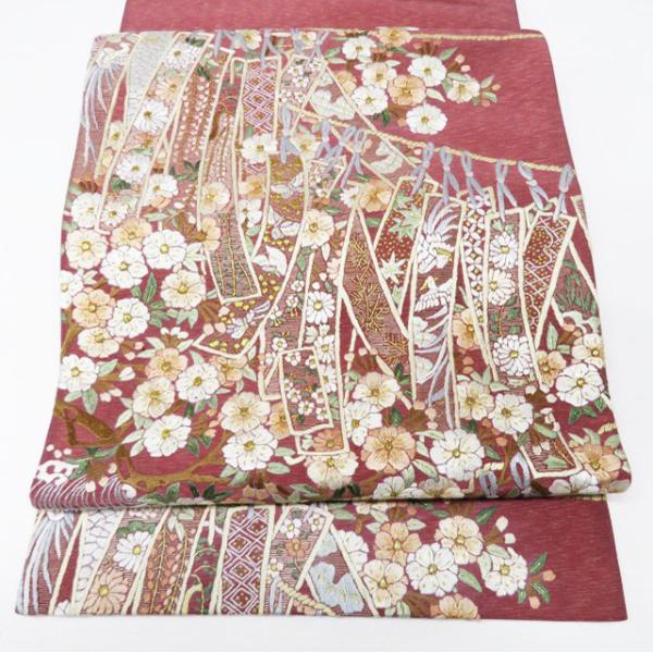 袋帯 中古 リサイクル 蘇州刺繍 中国三大刺繍 短冊に花の図 お太鼓柄  