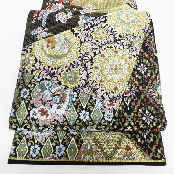 袋帯 中古 リサイクル 正絹 1800織 六通 花鳥模様 裂取 華文 花紋 箔糸  