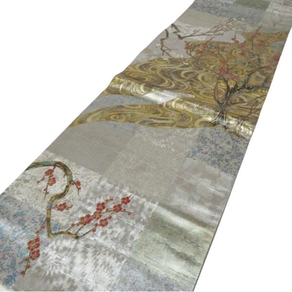 袋帯 中古 リサイクル 螺鈿箔 流水に紅白梅の図 三通 引箔 正絹  