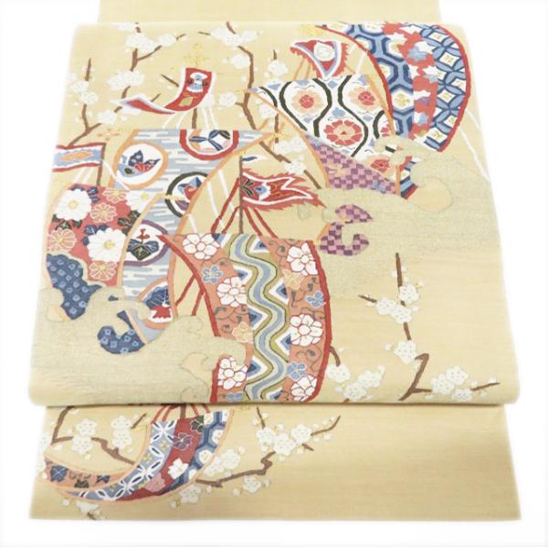 袋帯 中古 リサイクル 明綴れ 波に帆 梅 花模様 お太鼓柄 正絹 セミフォーマル ベージュ系 きもの北條 T758-9 袋帯 中古 リサイクル 明綴れ 波に帆 梅 花模様 お太鼓柄 正絹 セミ