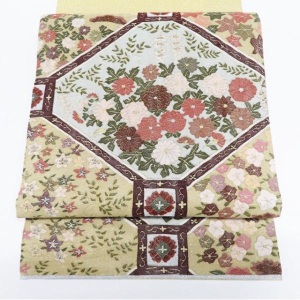 丸帯 中古 リサイクル 明綴れ 蜀江文 花模様 金通し 正絹 フォーマル 黄色系 金 きもの北條 T760-7 丸帯 中古 リサイクル 明綴れ 蜀江文 花模様 金通し 正絹 フォーマル