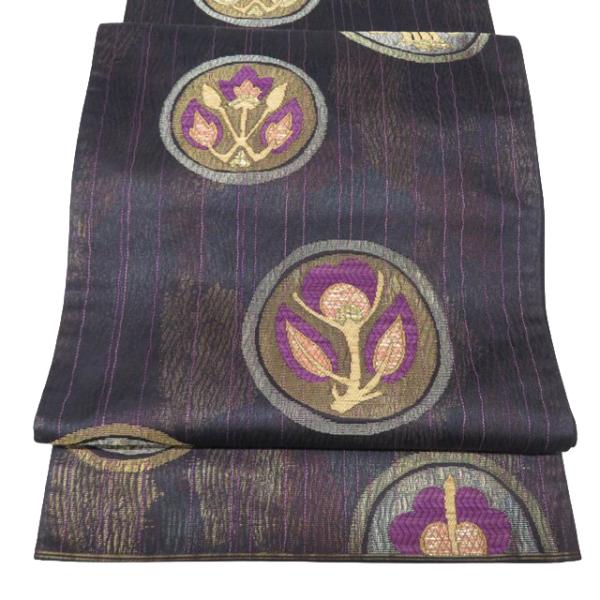 袋帯 中古 リサイクル 帝王紫 花模様 箔糸 六通 正絹 セミフォーマル  