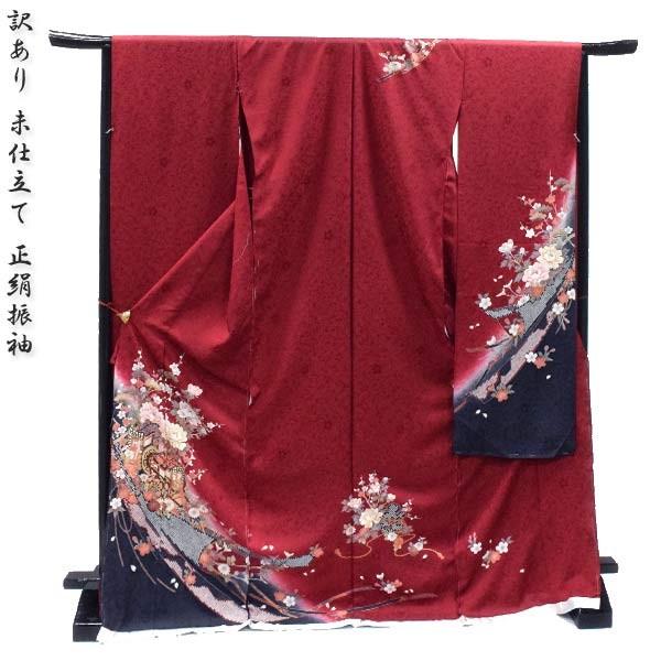 シ*ん様 正絹 振袖 仮絵羽 未仕立て品 1203 振袖 正絹（訳あり 未仕立て/ エンジ 古典御所車 8289） 仮絵羽 在庫