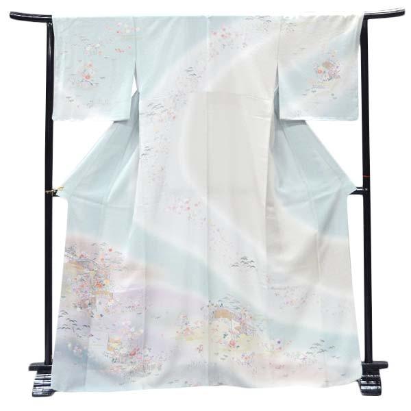 正絹 訪問着 お仕立て上がり Lサイズ 淡い浅葱色に和花・松竹梅