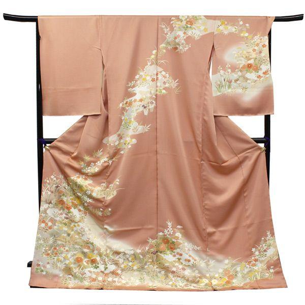 正絹訪問着 未仕立て 仮絵羽 渋サーモンピンク地流水に四季の花模様