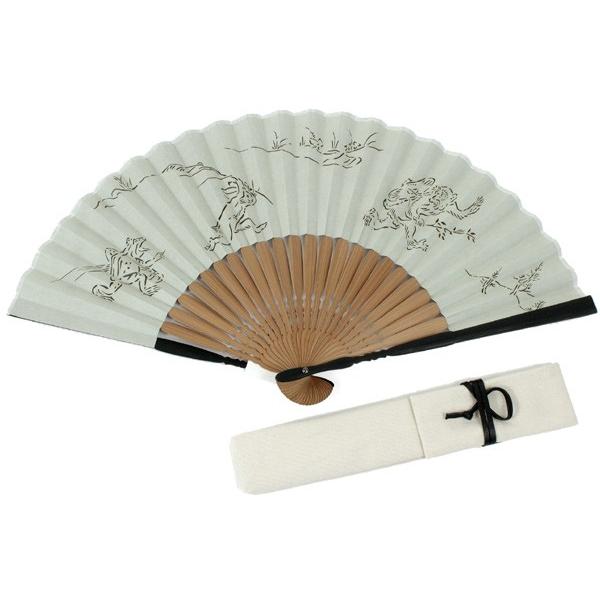 扇子 ケース メンズ 男性用 グレーベージュ地 茶 黒 透かし 鳥獣戯画