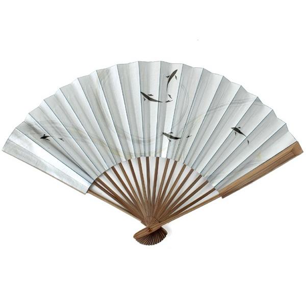 扇子 メンズ 単品 ミニ 紙 シルバー地 黒ゴールド 流水鮎柄 紙箱入り  