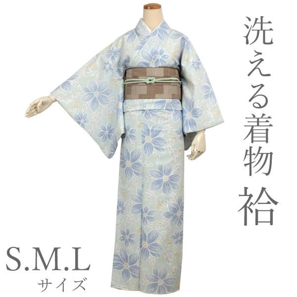 未使用　美品　岡重　木綿着物　更紗　水色 花柄 小紋 着物　洗える着物　サイズL 未使用 美品 岡重 木綿着物 更紗 水色 花柄 小紋 着物 洗える着物