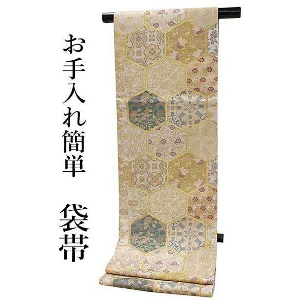 絹製 花柄 袋帯 ベージュ系 袋帯 礼装 ベージュ 赤 緑 薄紫 金 亀甲 花唐草 牡丹 単品 新品 訪問着