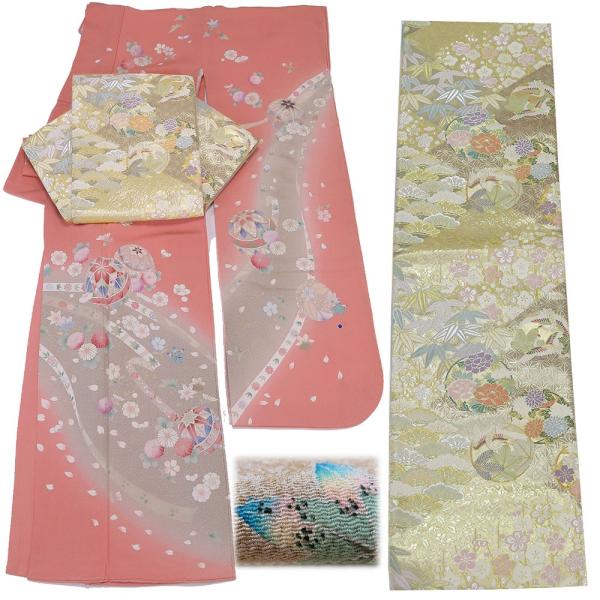 黒地振袖（正絹）・六通袋帯（正絹）二点【美品】 □2点セット 【中古】 美品 正絹 振袖 六通柄 袋帯 （k3282682