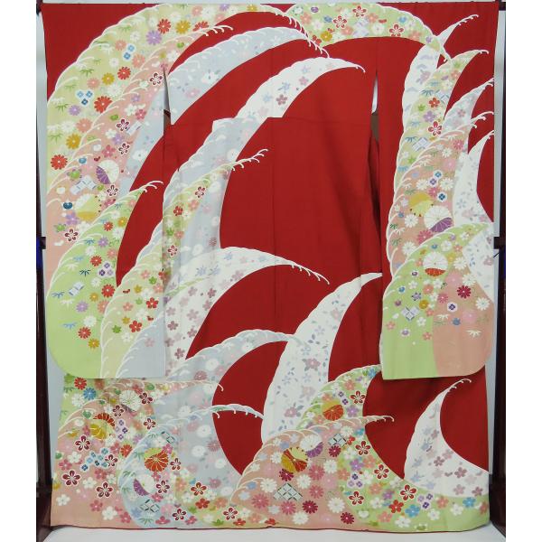 振袖　正絹　裄67.5cm　身丈167cm　 赤 　成人式　【中古】美品　k3943491-3421rym