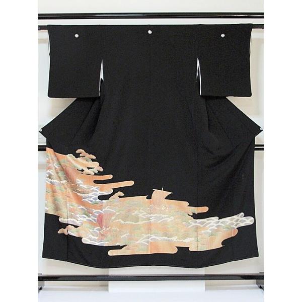 黒留袖 落款 正絹比翼 土佐霞に宝船 151cm前後ベスト 美品 : 060229-t2  