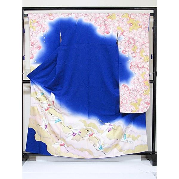 振袖 綸子 正絹 重ね衿 刺繍 枝垂れ桜 雲に鶴 ブルー のし ピンク濃淡 