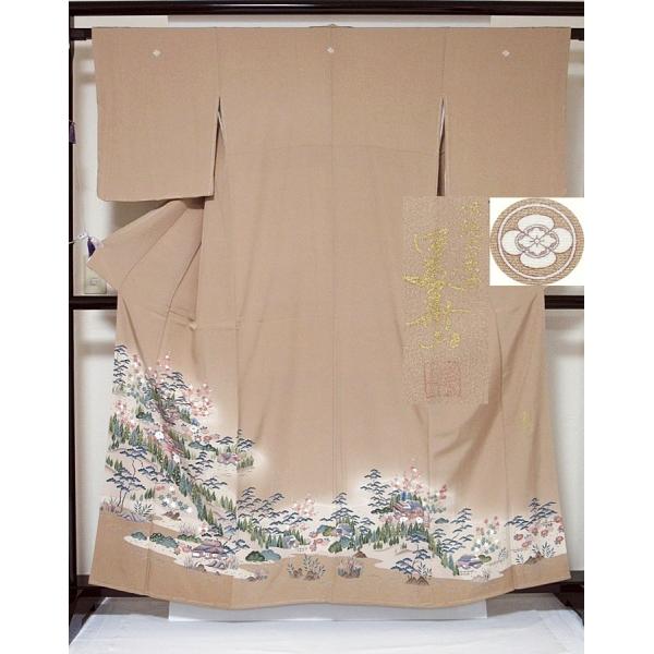 色留袖 未使用仕付け 正絹 比翼 落款 京加賀 山郷風景絵図 158.5cm前後 