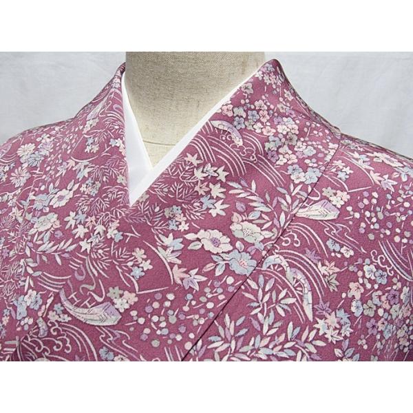 小紋 袷着物 綸子 流水に吉祥花 紫がかったローズピンク 162cm前後