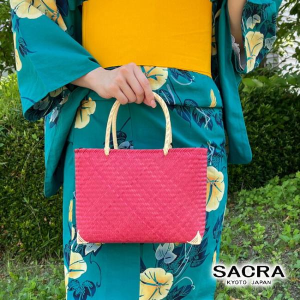 和小物さくらかごバッグ 浴衣 高級竹籠バッグ 無地 レッド 赤 小さ目トート ファスナー付き 夏の和装バッグ タイ製