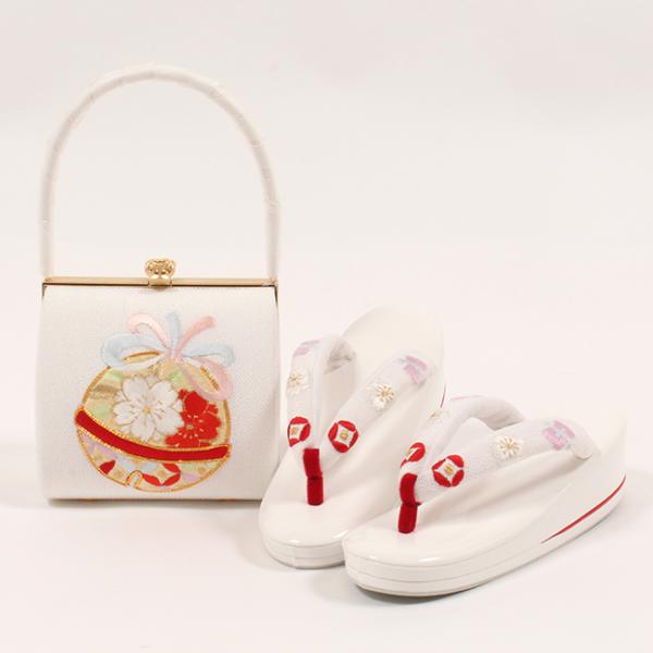 七五三 7歳 草履 バッグ セット 刺繍 正絹 ちりめん 白 鈴文 刺繍鼻緒
