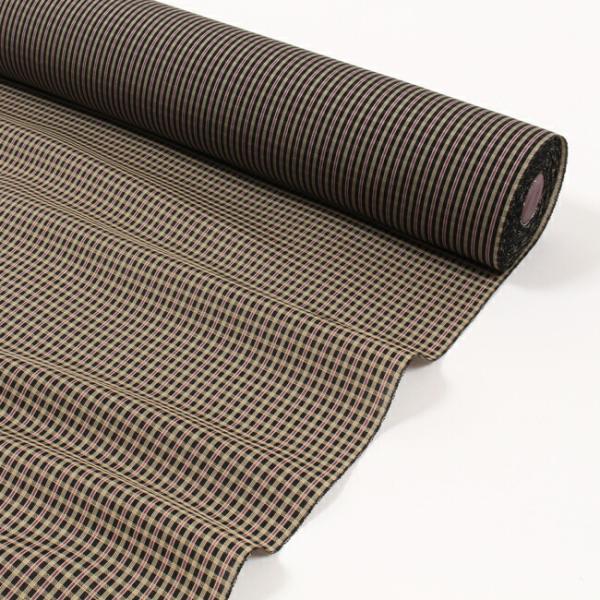 着物コート用裏地　反物 きもの 和 雨コート 反物 正絹西陣織 縞格子 黒×臙脂×ベージュ スリー