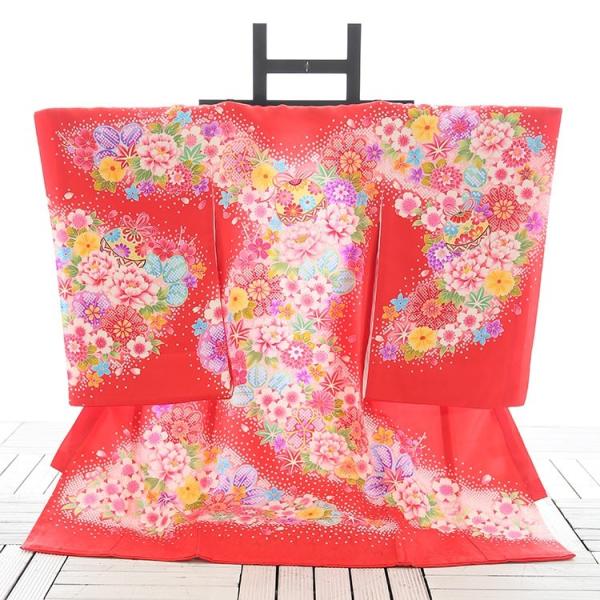 女児産着レンタル【赤/花一面に鞠】お宮参り 初着 祝着 フルセット 着物 赤ちゃん 女の子 ベビー 記念撮影