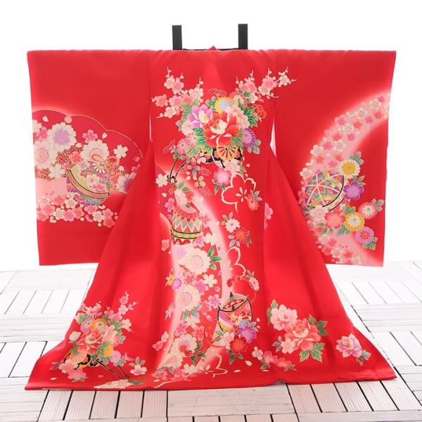 女児産着レンタル【赤/鞠と花車】お宮参り 初着 祝着 フルセット 着物 赤ちゃん 女の子 ベビー 記念撮影