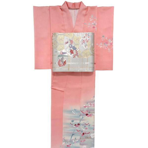 訪問着・長襦袢・袋帯のセット 丈160.5cm 梅と芍薬 薄紅色 : khm-s 