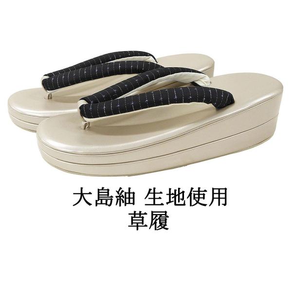 商品説明 大島紬生地を鼻緒に使用した草履です。正絹生地が使われたおしゃれなデザインの鼻緒。小紋や紬などのカジュアル着物と相性の良い草履です。色・柄台 サンドグレイ/エナメル調鼻緒 墨黒・青・灰白／横縞模様サイズサイズ 長さ約24cm／幅約8...