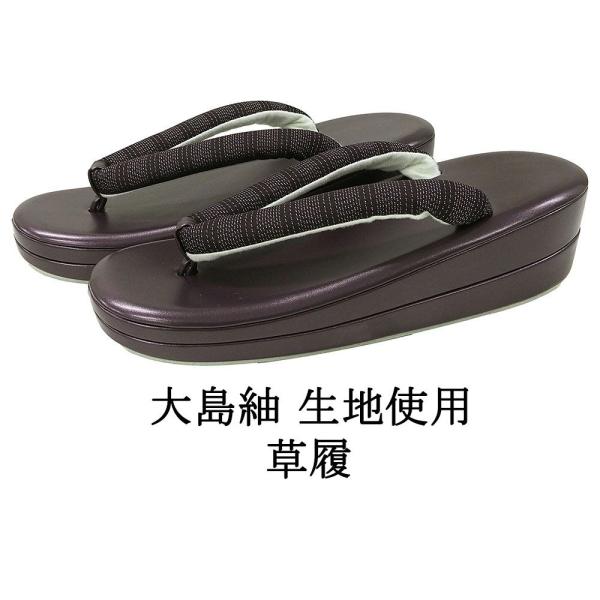 商品説明 大島紬生地を鼻緒に使用した草履です。正絹生地が使われたおしゃれなデザインの鼻緒。小紋や紬などのカジュアル着物と相性の良い草履です。色・柄台 深紫鼠色/エナメル調鼻緒 黒紫・灰白色／横段縞模様サイズサイズ 長さ約24cm／幅約8.5...